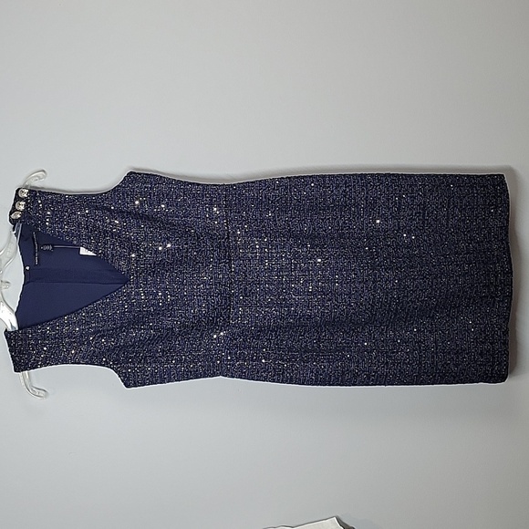 WHBM classic blue glitter tweed sheath dress Gold buttons on shoulder - Picture 1 of 11